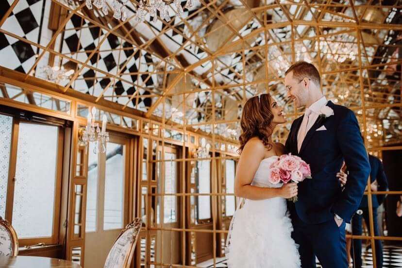 Wedding couple inside of Mirror Room at 11 Cadogan Gardens